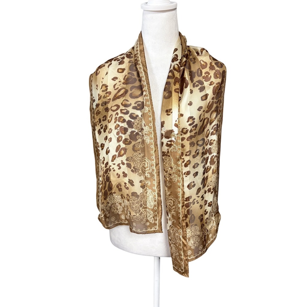Adrienne Landau Studio Scarf Womens One Size Brown Leopard Silk Chiffon Print